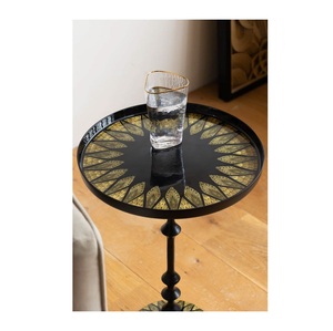 Elegant Round Metal <b>Side</b> <b>Table</b> with Gold Geometric Pattern <b>Black</b> Pedestal End <b>Table</b> for Living Room & Bedroom - Product Image 3