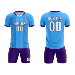 Conjunto de uniforme de fútbol personalizado, camiseta y pantalones cortos, estampado sublimado azul y morado, nombre del equipo, número personalizado, todas las tallas - Product Image 1