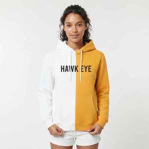 Sudadera con Capucha para Mujer, Diseño Asimétrico en Bloques de Color Blanco y Mostaza, con Bolsillos y Logotipo Frontal, Estilo Casual para Otoño - Product Image 3