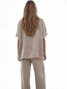 Ensemble décontracté d'été pour femme : haut à manches courtes en lin et coton beige et pantalon large coupe ample - Product Image 3