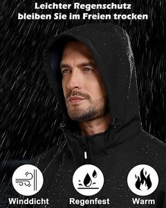 Veste softshell noire à capuche pour homme, fermeture éclair, coupe-vent, décontractée, pour l'hiver et les activités de plein air, coupe régulière, en polyester. - Product Image 5