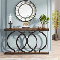 Table console en bois d'acacia naturel de luxe avec cadre circulaire en métal noir et étagère inférieure pour la décoration de la maison