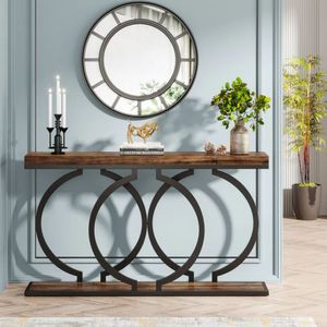 Table console en bois d'acacia naturel de luxe avec cadre circulaire en métal noir et étagère inférieure pour la décoration de la maison - Product Image 2