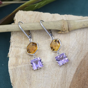 Natural <b>Citrine</b> & Amethyst Sterling Silver Handmade Dangle Drop <b>Earrings</b> Two Stone Cocktail Dangle Leverback Jewelry Wholesale - Product Image 6
