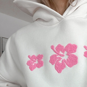Sudadera con Capucha Extra Grande para Mujer, Color Blanco, con Diseño Floral Rosa en la Espalda, Manga Regular, Tejido de Algodón, Sudadera de Verano - Product Image 2