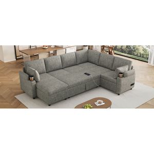 109.9\" Versatile U-Shaped Sectional <b>Sofa</b> <b>Bed</b> with Ample Storage Two Cup Holders & Charging Port - Product Image 4