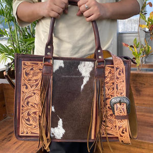 กระเป๋าโท้ทหนังถือแบบตะวันตกสำหรับผู้หญิงกระเป๋าคาดลำตัวสะพายไหล่หนังวัวสำหรับผมกระเป๋าถือหนังแท้ลายดอกไม้ตามสั่ง - Product Image 2