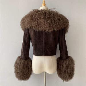 Veste en cuir d'agneau véritable de luxe, courte, douce, avec grand col en fourrure de mouton de Mongolie, sur mesure, pour femmes, en daim d'agneau, pour l'hiver - Product Image 2