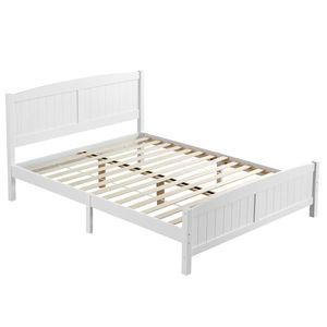 Base letto Queen Pine a strato singolo con testiera curva, pannello completo e pannello posteriore in legno a strisce verticali, stesso letto - Product Image 1
