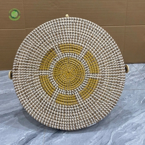 Woven straw food <b>cover</b> with gold pattern Kitchenware and <b>table</b> decoration Wholesale eco-friendly Made in Vietnam - Product Image 2