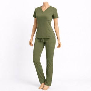 2026 Trendy Women Light Blue <b>Scrub</b> Set V-Neck Top Pants Medical <b>Uniform</b> Hospital Wear Cotton Polyester Woven Fabric - Product Image 6