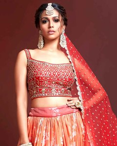 <b>Red</b> Embroidered A-Line <b>Crop</b> <b>Top</b> with Scalloped Neckline Organza Dupatta Pleated Skirt for Bridesmaid Wear - Product Image 1