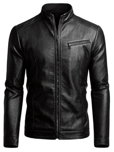 เสื้อแจ็คเก็ตหนังทรงเข้ารูปสีดำสไตล์ลำลองสำหรับผู้ชาย - Product Image 1