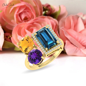 Anillo de Topacio Azul Londres, Citrino y Amatista con Corte Octogonal de 10x7mm, en Oro Sólido de 14k con Diamantes, Diseño Art Deco, Gran Venta - Product Image 5