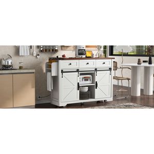 Carrello da Cucina Stile Fattoria K K da 53,7 Pollici con Presa di Corrente, 2 Ante Scorrevoli, Vano Portaoggetti e Porta Spezie a Scomparsa - Product Image 4