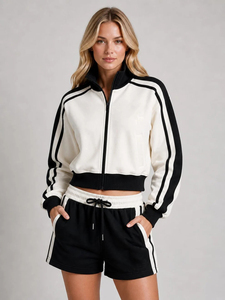Conjunto Deportivo de Felpa para Mujer, Color Amarillo y Blanco, con Bloques de Color, Manga Larga, Pantalones Cortos, Top con Cierre, para Primavera/Verano - Product Image 3