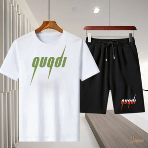 Ensemble de sport deux pièces en coton respirant pour homme, avec t-shirt imprimé à col montant et manches longues, idéal pour la course à pied - Product Image 1