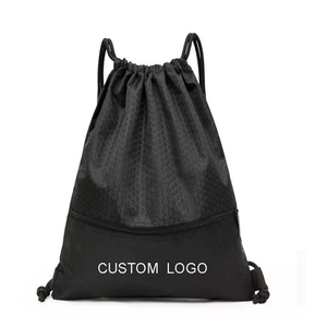 Custom Logo Drawstring Gym <b>Backpack</b> Zipper Pocket Unisex Casual Sport Bag <b>Black</b> Solid Pattern Nylon Material Waterproof - Product Image 1