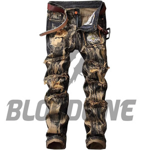 BLOODLINE Men's Black Ripped Distressed <b>Denim</b> Jeans Straight Leg Slim Fit High Waist Cotton Punk Style Autumn Wear - Product Image 1