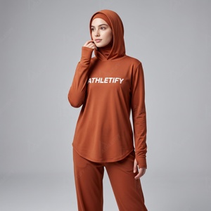 Top Deportivo para Mujer Musulmana con Orificios para Pulgares y Pañuelo Interior Fijo, Personalizable con Etiqueta Privada - Product Image 1
