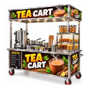 Chariot à thé mobile en acier inoxydable à 4 roues avec étagères de présentation en verre et brûleur, chariot de service pour aliments et boissons - Product Image 1