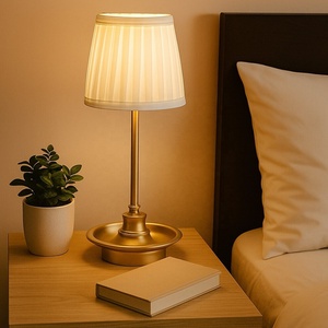 Heritage Pedestal Metal Table Lamp with Pleated <b>Shade</b> Decorative Tray Base Soft Ambient <b>Lighting</b> Durable Finish for Bedroom - Product Image 4