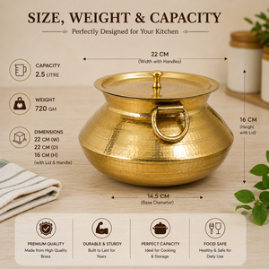 Olla Handi de Latón Martillado Hecha a Mano con Tapa de 2.5L, Recipiente Tradicional para Cocinar y Servir, Utensilio de Cocina para Almacenamiento de Alimentos para Hoteles y Restaurantes - Product Image 5