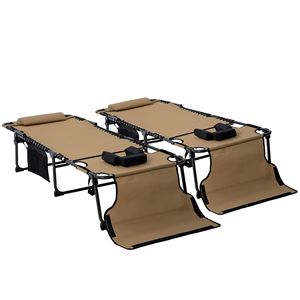 Set di 2 Lettini Prendisole Pieghevoli Beige con Schienale Reclinabile a 5 Livelli, Foro per la Lettura e Tasca Laterale - Product Image 1