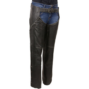 Chaps de Cuero Premium Clásicos Negros para Motocicleta, Cintura Baja, Sin Mangas, Marca Samroz Sports, para Todas las Temporadas - Product Image 1