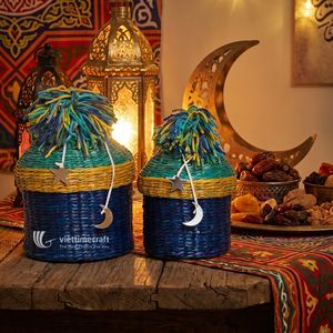 Panier Cadeau Ramadan en Jonc de Mer Tressé Rose, Panier de Rangement pour Bonbons de l'Aïd, Organisateur Décoratif Lune et Étoile - Product Image 4