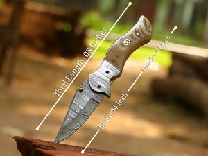 Couteau utilitaire pliant en acier Damas, lame pointue, manche en bois de cerf, étui de transport vertical, couteau de poche EDC pour la chasse et le camping, support ODM - Product Image 2