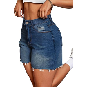 Women's <b>Stretch</b> <b>Denim</b> Shorts High Waist Raw Hem Long Cutoff Mom Fit Jorts Manufactured in Bangladesh - Product Image 1