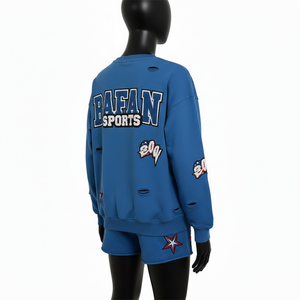 Conjunto de Camiseta y Pantalones Cortos de Algodón Suave de Alta Calidad para Mujer, con Apliques Azules y Logotipo Bordado, 100% Algodón - Product Image 5