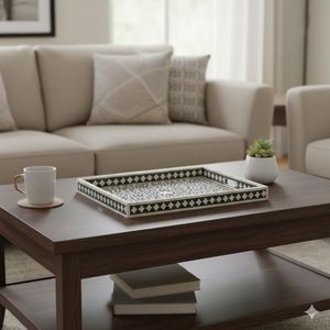 Plateau de service rectangulaire moderne fait main, écologique et durable, avec incrustations en os, poignées décoratives florales bleues, pour café et Diwali - Product Image 4