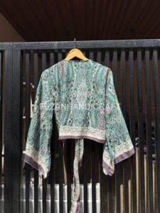 Wholesale <b>Silk</b> Handmade <b>Crop</b> <b>Top</b> Summer Designer Kimono Style Sleeve Tie Blouse Loose Fit - Product Image 6