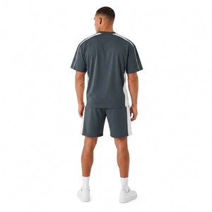 Men's Color Blocking Crew Neck T-Shirt <b>Set</b> With Side Stripes Breathable <b>Knitted</b> Polyester Cotton Shorts Summer Casual Wear - Product Image 2