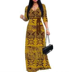 Vestido Largo Elegante con Cuello en V para Mujer, Diseño de Tatuaje Polinesio Samoano, Refresco de Verano, Moda Pasifika - Product Image 4