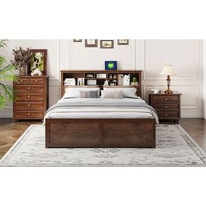 Letto King-Size con Piattaforma in Legno Anticato, Testiera Multi-Scomparto e Cassetti con Porte USB - Product Image 5