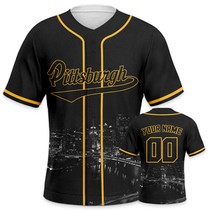 Maillot de baseball personnalisé Chicago San Francisco Miami Pittsburgh pour homme, noir, manches courtes, boutons sur le devant, impression sublimée - Product Image 5