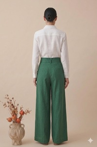 Robe d'été en coton pour femme, pantalon large en lin vert taille haute avec ceinture et poches, coupe ample, tissu respirant, pour usage quotidien - Product Image 2