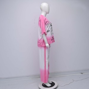 Premium Quality With Rhinestone Distressed Three-quarter Sleeve Women's Pink <b>Tie</b> <b>Dye</b> Two-Piece <b>Set</b> O-Neck Short Sleeve - Product Image 1