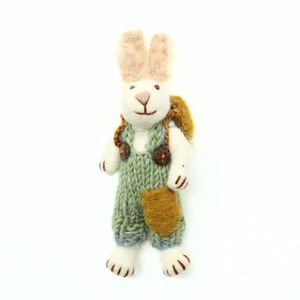 Handmade Knitted Rabbit Ornament In Green Overalls With Brown Pockets Hanging On <b>Tree</b> <b>Branch</b> Cartoon Animal Decor - Product Image 3