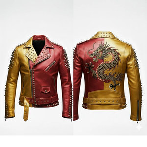Men’s Gold Red Split Leather Biker <b>Gothic</b> <b>Jacket</b> Dragon Patch Spiked Punk Rock Moto Top Sell - Product Image 4
