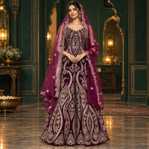 Wine Burgundy Bridal Lehenga Choli with Floral Embroidery | Indian Wedding Outfit with Flared Skirt and Embroidered <b>Net</b> <b>Dupatta</b> - Product Image 2