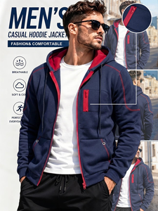 Men's French Terry Fleece Hooded Zip-Up Jacket Breathable Polyester Casual Multi-Pocket Regular Fit Customized Spring Autumn - Product Image 2