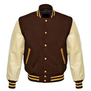 <b>Men's</b> Brown Woolen Varsity <b>Jacket</b> with for <b>Leather</b> Sleeves Stand Collar Button Closure Breathable Formal Winter Wear - Product Image 1