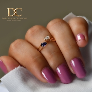 Classic Designer 14KT Solid Yellow Gold <b>Adjustable</b> <b>Ring</b> with Lab Grown Diamond and Blue Sapphire IGI Certified Jewelry for Women - Product Image 2