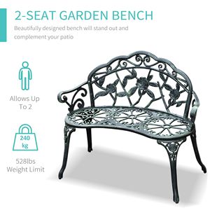 Panca da Giardino Moderna con Design Floreale a Rosa, Sedia a Due Posti in Alluminio Pressofuso Verde Antico per Patio, Parco, Terrazza - Product Image 6