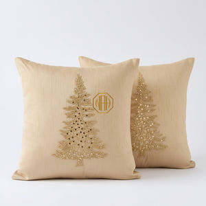 Funda de Cojín Decorativa Bordada con Diseño de Árbol de Navidad con Cuentas Doradas, Hecha a Mano, de Primera Calidad, Personalizada - Product Image 1