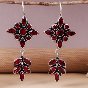 Wholesale <b>Red</b> Crystal Dangle Drop <b>Earrings</b> | Floral Leaf Statement Jewelry | Boho Ethnic Fashion <b>Earrings</b> - Product Image 5